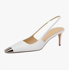 Miss Left White Cap Toe Elastic Slingback Strap Pumps Square Toe Mid Heel Sandal